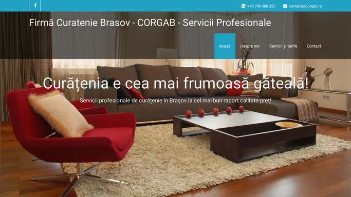 Firma Curatenie Brasov - CORGAB - Servicii Profesionale - GARANTAT! Cel mai bun raport calitate-pret din Brasov pentru curatenie la domiciliu! Oferim servicii profesionale pentru curatare: locuinte (case, apartamente, vile, pensiuni etc.), covoare, mochete, tapiterii, geamuri! Contacteaza-ne acum!