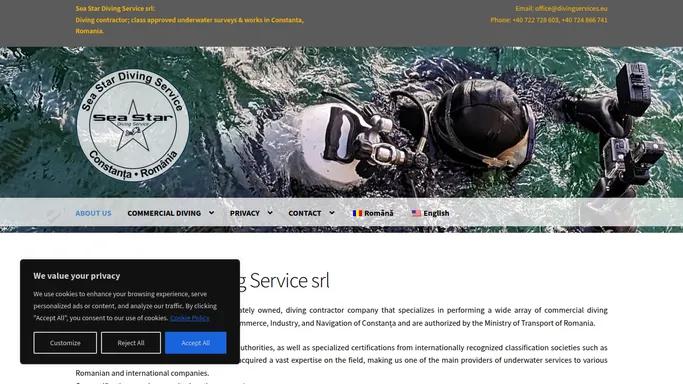 ​Sea Star Diving Service srl – Diving company in Constanta, Romania. Class approved in-water surveys with divers; underwater works. | Firma de scafandri in Constanta. Lucrari subacvatice cu scafandri; inspectii submerse aprobate de societatile de clasificare maritima.