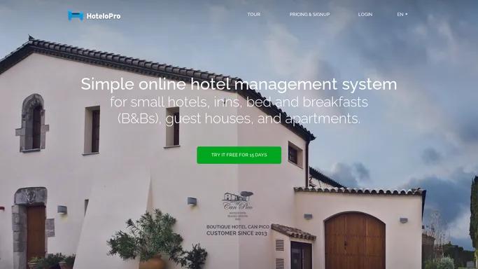 Online hotel management system for small hotels, inns, B&Bs, guest houses, and apartments