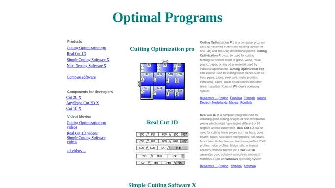 Optimal Programs - Glass, wood, sheet, stock, linear bar, pipe, 2D, 1D, cutting optimization