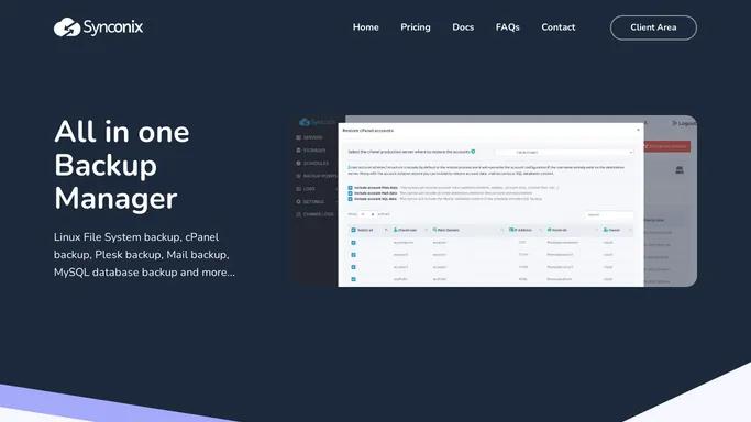 Synconix Backup Manager, Linux File System Backup, cPanel Backup, Plesk Backup, MySQL Backup