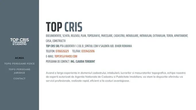 TOP CRIS - Documentatie, schita, releveu, plan, topografie, parcelare, cadastru, intabulare, intravilan, extravilan, teren, apartament, casa, constructii