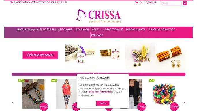 Magazinele CRISSAshop.ro - bijuterii placate cu aur 18k, imbracaminte dama, ii traditionale, genti si rucsacuri, produse cosmetice, accesorii