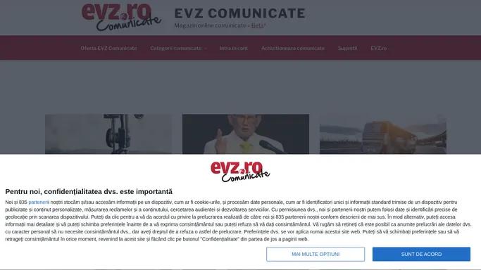 EVZ Comunicate – Magazin online comunicate – <span class="beta-version">Beta</span><span style="color:#ae2134">*</span><span id="descriere-beta">Multumim pentru utilizarea platformei Evz Comunicate, versiunea Beta. Efortul nostru s-a concentrat pe construirea unui produs calitativ si eficient care sa iti ofere cea mai buna experienta. Observatiile si sugestiile tale sunt valoroase pentru noi. Trimite-le pe adresa de email <a style="color:#fff" href="mailto:comunicate@evz.ro?Subject=Vizitator%20pe%20Evz%20Comunicate" target="_top">comunicate@evz.ro</a> sau la numarul de telefon <a style="color:#fff" href="tel: +40215271111">+4 021 527 11 11</a>. Multumim! <br /> <span style="float:right">Evz Comunicate</span></span>