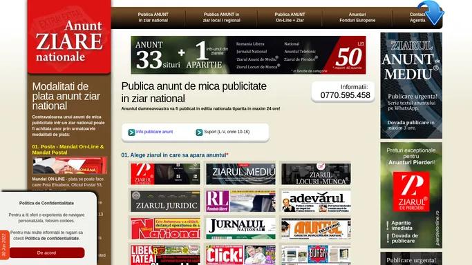 Anunt ziar national - publica anunt in ziar Adevarul, Romania Libera, Libertatea, Evenimentul Zilei, Jurnalul National, Bursa