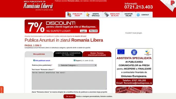 Anunturi Romania Libera, anunturi ziarul Romania Libera, anunt Romania Libera, mica publicitate ziarul Romania Libera